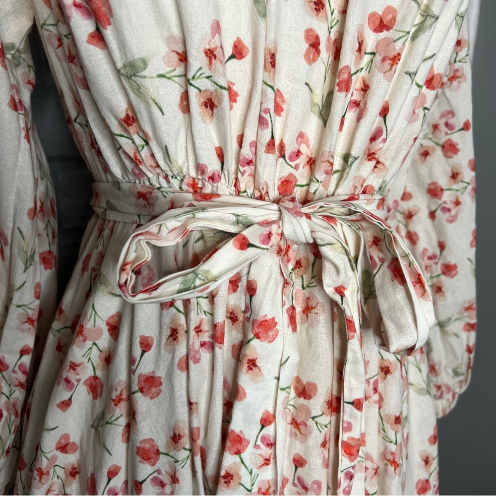 Linen Vibes Floral Tie-Waist Maxi Dress in Cream and Coral Lace Hem Size XS - Picture 5 of 13